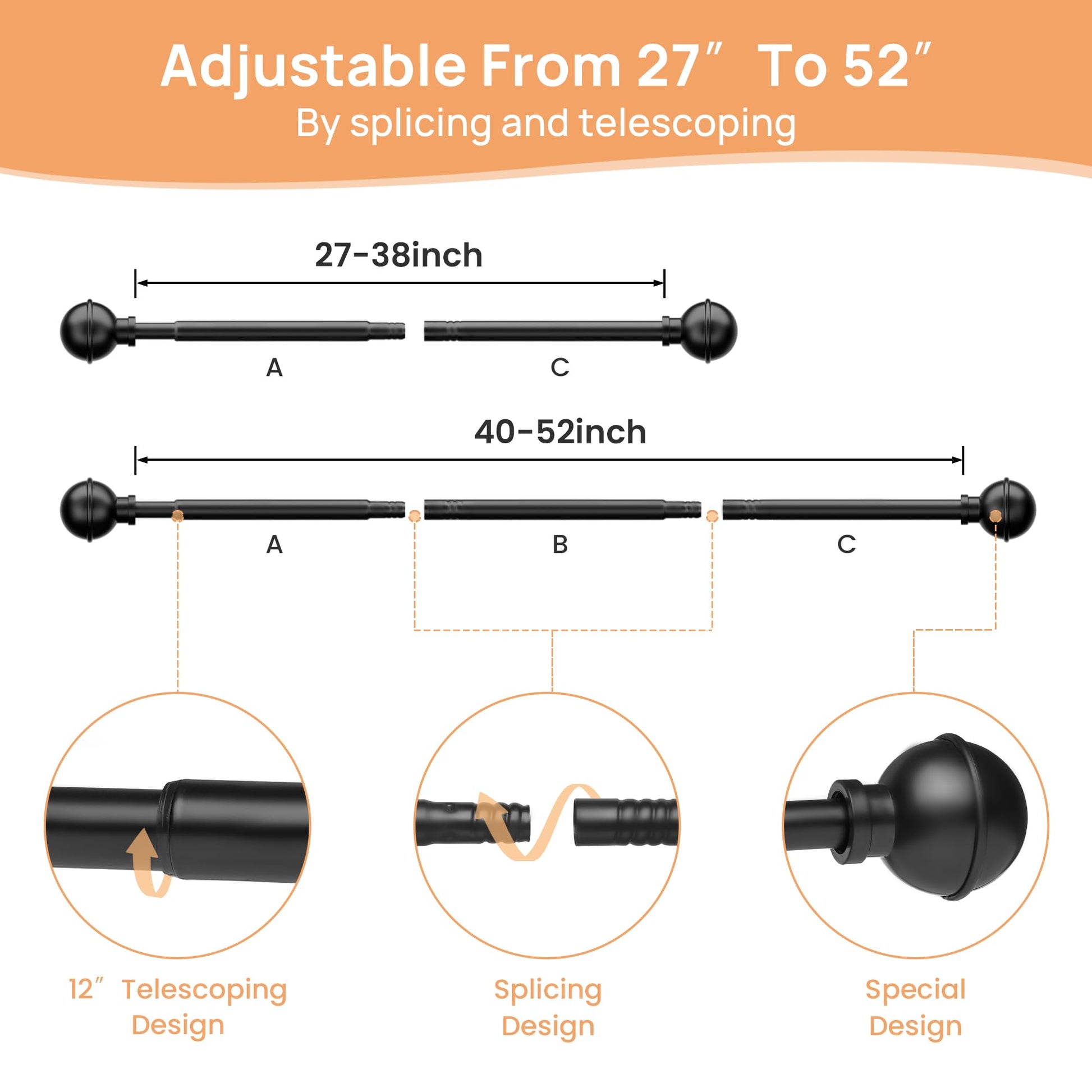 upsimples No Drill Curtain Rods for Window 28 to 48 Inches, 5/8 Inch Diameter Renter Friendly Drapery Rod with Adhesive Brackets without Drilling, Adjustable from 27 to 52 Inches, Black