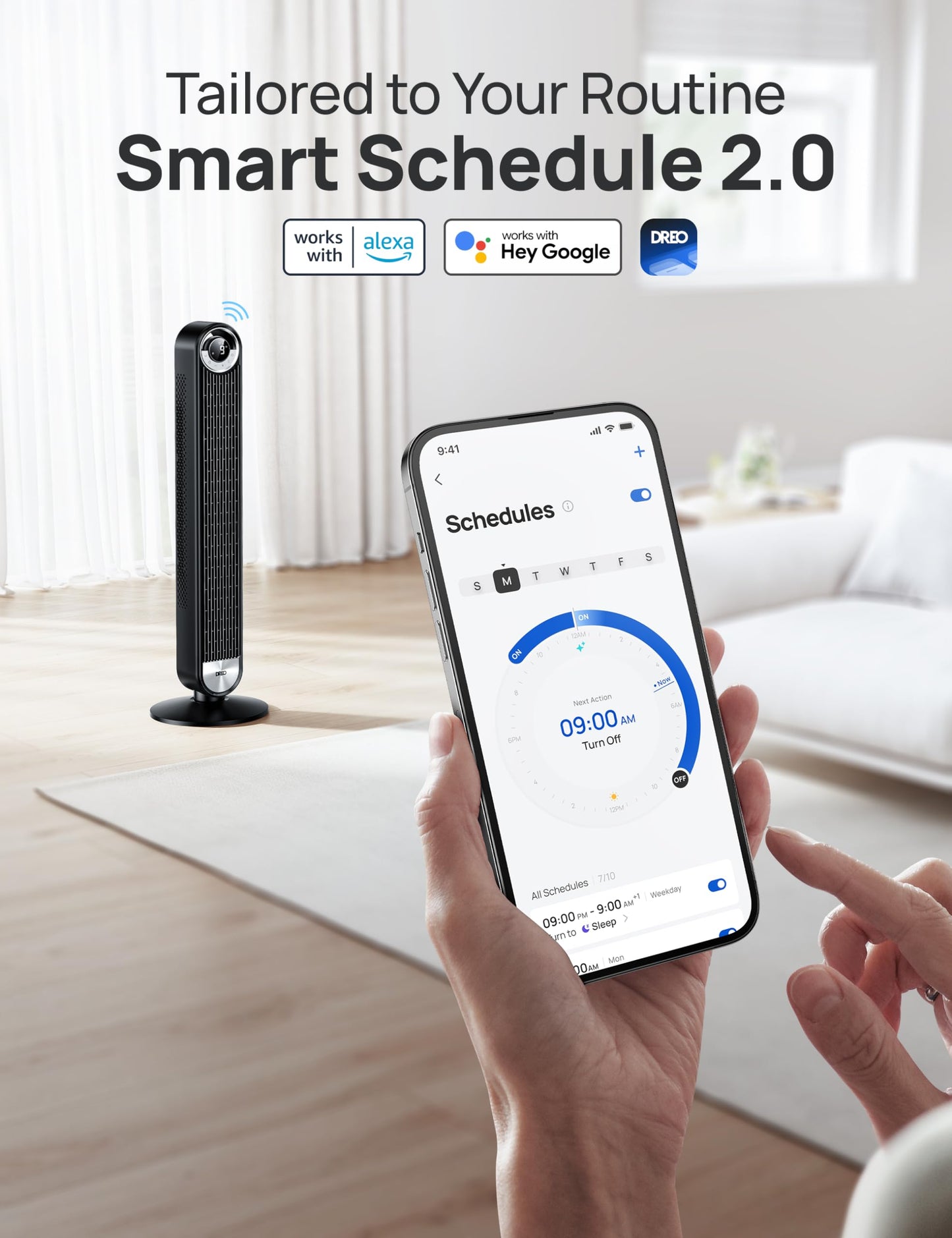 DREO Smart Tower Fan for Bedroom, Upgraded DC 9 Speeds 20dB Ultra-Quiet Floor Fan, 90° Oscillating Fans with 28ft/s Velocity, 12H Timer, Standing Fan, Bladeless Fan Powerful for Home Office Room - Available at All In One Marketplace Canada