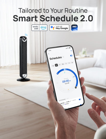 DREO Smart Tower Fan for Bedroom, Upgraded DC 9 Speeds 20dB Ultra-Quiet Floor Fan, 90° Oscillating Fans with 28ft/s Velocity, 12H Timer, Standing Fan, Bladeless Fan Powerful for Home Office Room - Available at All In One Marketplace Canada