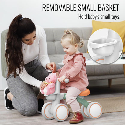 Umatoll Baby Balance Bike Toys for 1 Year Old Boys Girls Gifts, Adjustable Seat Baby Walker, First Birthday Gifts, 12-24 Months Toddler Ride on Toys with Removable Basket, Green