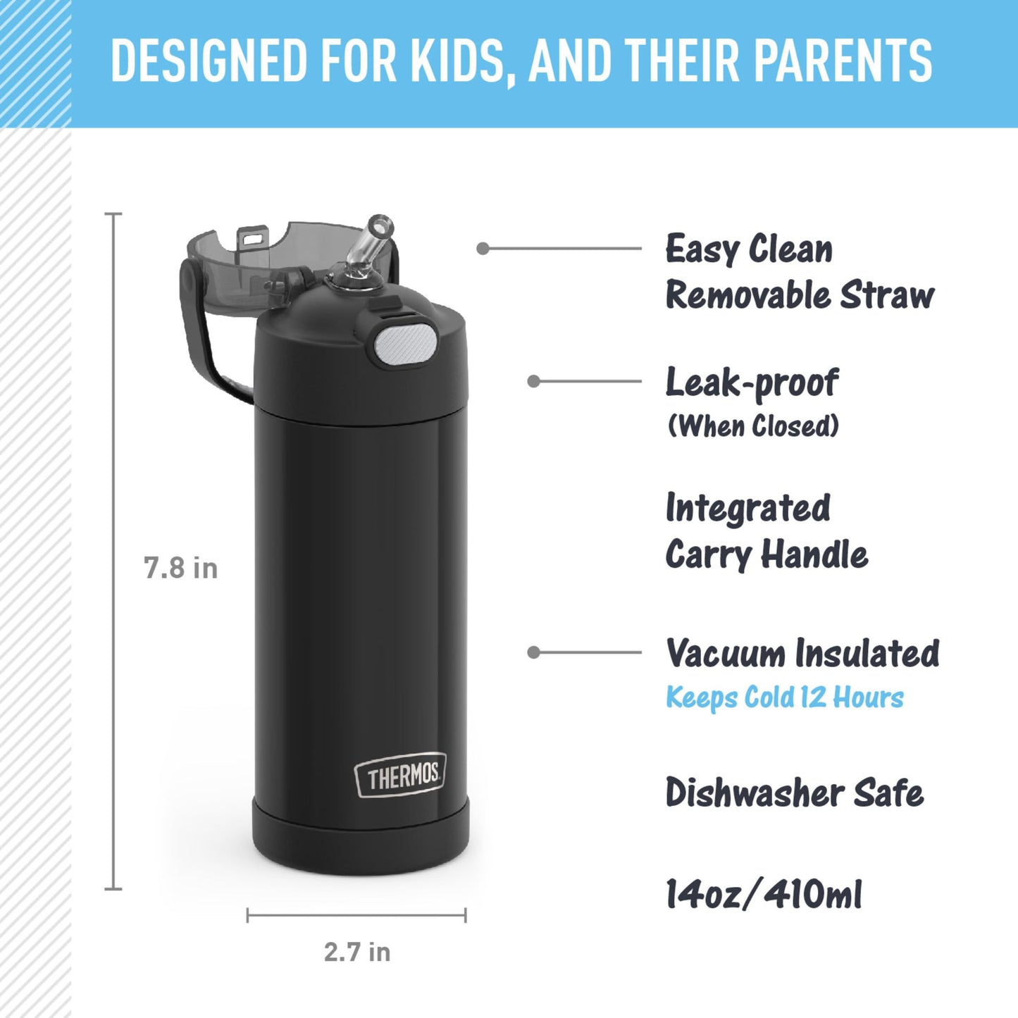 THERMOS FUNTAINER Water Bottle with Straw, 14oz, Black