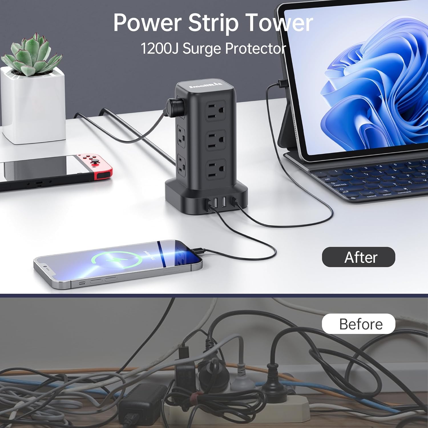 Tower Power Bar with USB, SMALLRT 6.5FT Flat Plug Extension Cord Indoor with Multiple Outlets, Desktop Power Strip with 12 Outlet Extender 4 USB for Home Office Dorm Essentials, Black