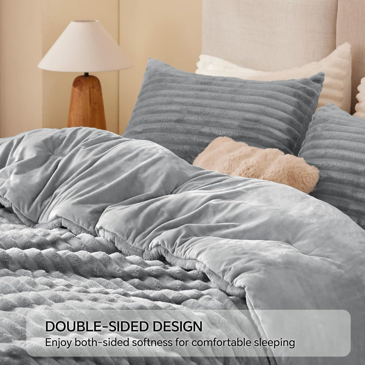 BEDELITE Fleece Queen Comforter Set, Soft Fluffy Bedding Set, Light Grey 🍁 All In One Marketplace Canada