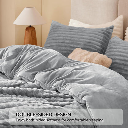 BEDELITE Fleece Queen Comforter Set, Soft Fluffy Bedding Set, Light Grey 🍁 All In One Marketplace Canada