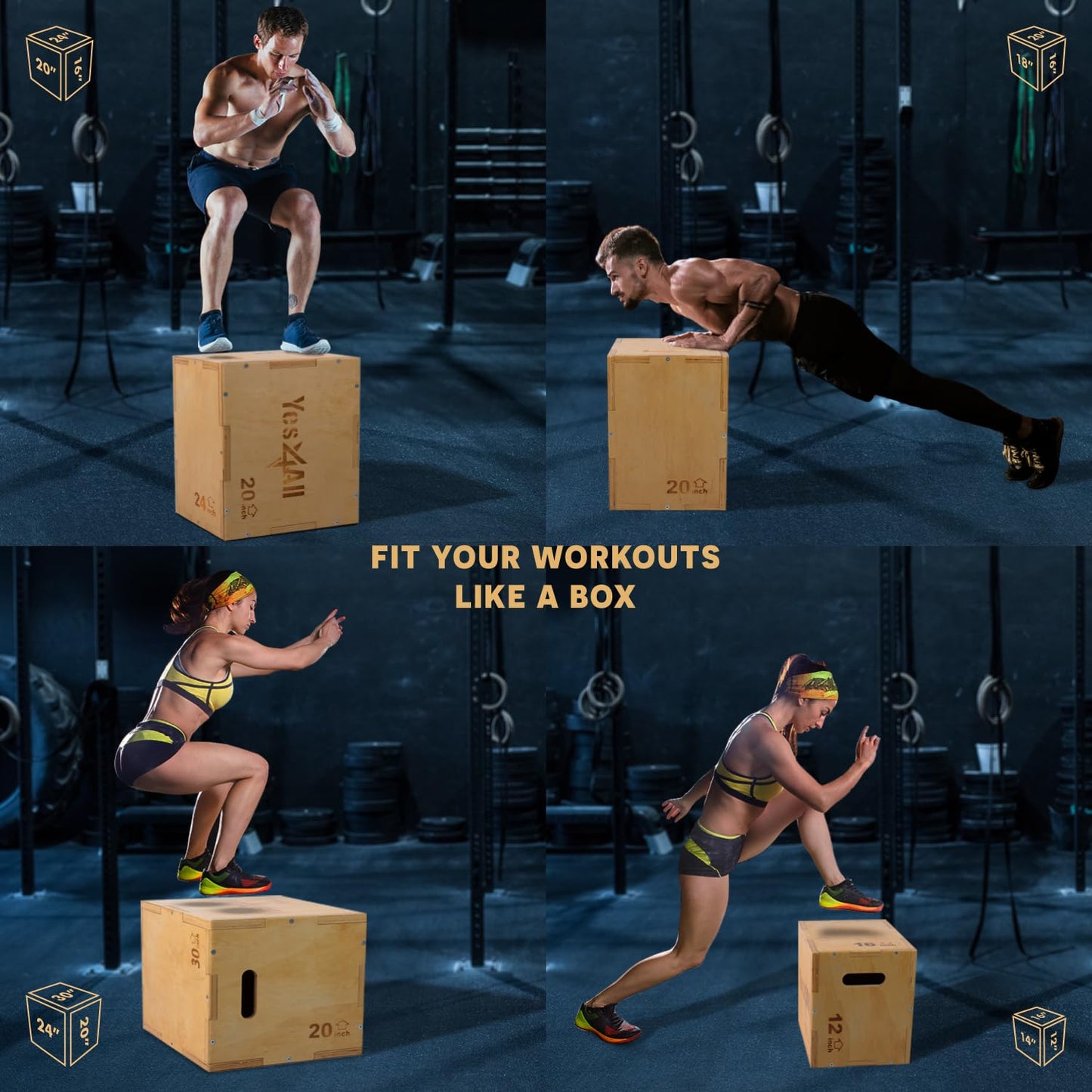 Yes4All 3-in-1 Wooden Plyo Box, Jumping Plyometric Step Platform for Home Gym, 450lb Capacity with Wide Built-in Handles (16"x14"x12" - Basic Wood Finish) Yes4All