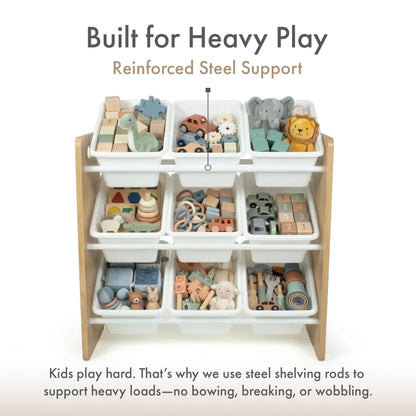 Humble Crew 9-Bin Toy Organizer – Journey Natural Wood with White Plastic Bins, 3-Tier Storage Solution for Kids' Playrooms and Nurseries