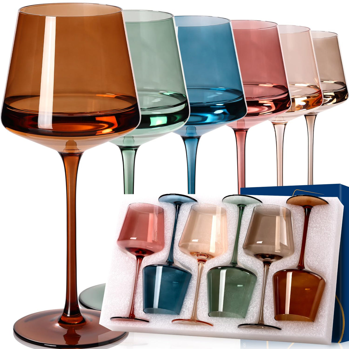 Cyrelwing Colored Wine Glasses Set of 6,Large 16oz Crystal Glasses-Unique Fall&Winter&Christmas Gift Set Her,Wife,Mom,Friend-Colorful Hand Blown Wine Glass Red White Wine Dinner 🍁 All In One Marketplace Canada