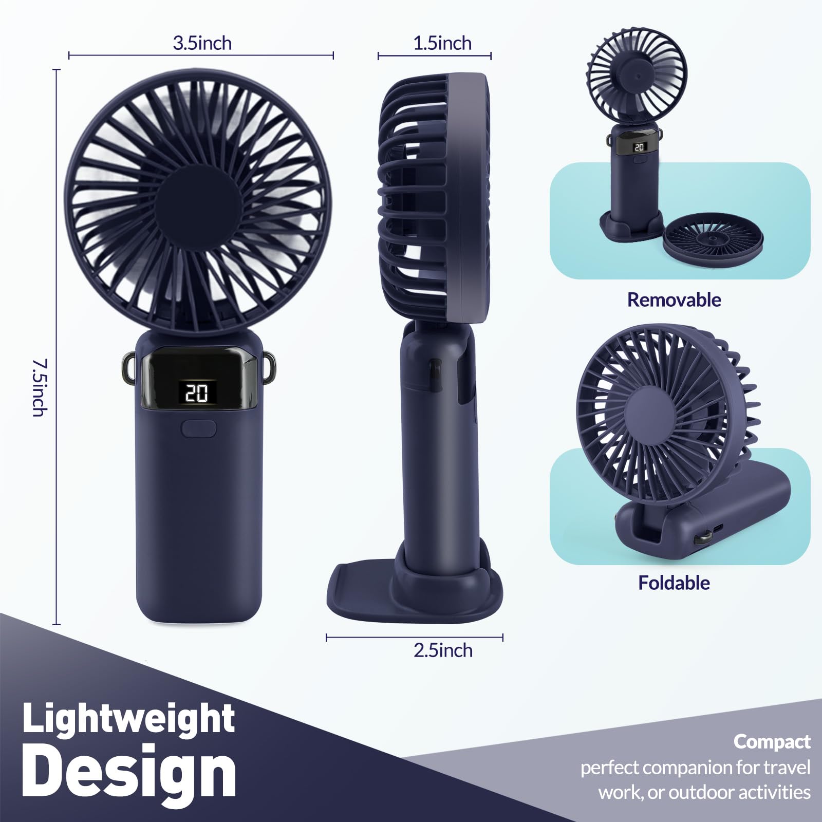 Portable Handheld Fan Rechargeable Small Fan 5 Speeds with Lanyard and Base USB Desk Fan Foldable Quiet Personal Fan with LED Display for Office, Home, Travel, Outdoor - Available at All In One Marketplace Canada