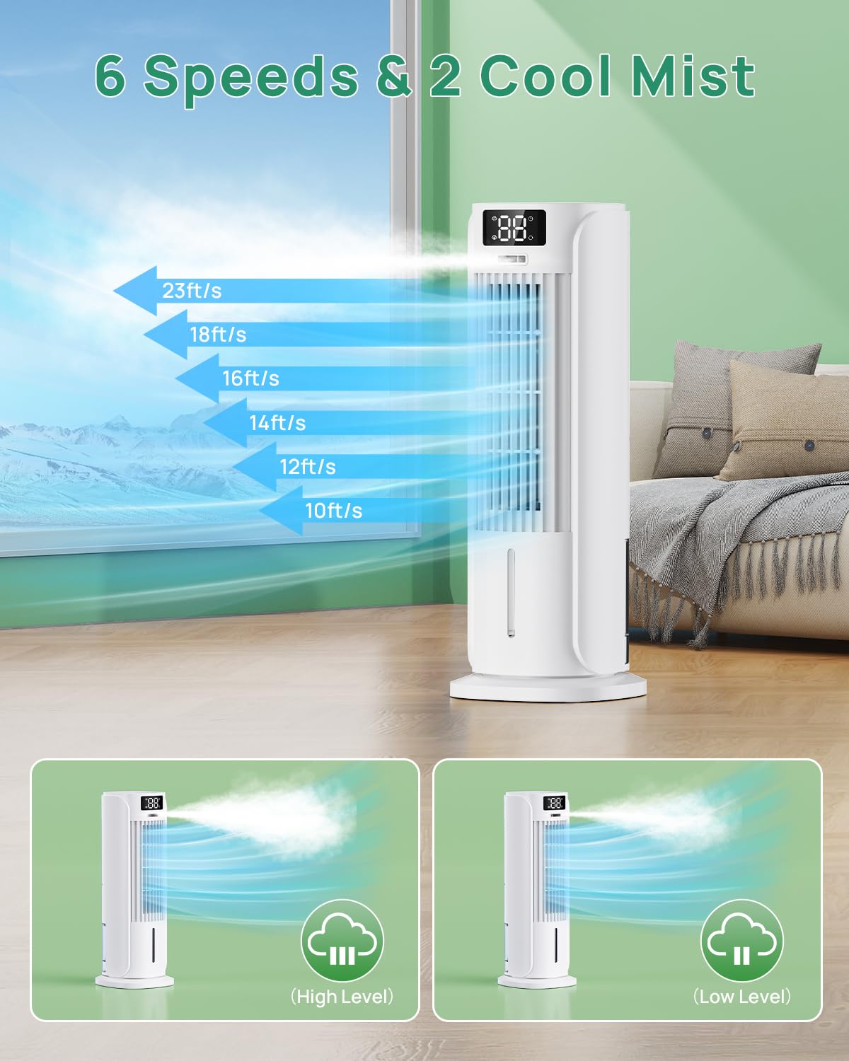 Portable Air Conditioner, 800ML Water Tank, 6 Speeds & 2 Cool Mist, 3 IN 1 Air Cooler, 90° Auto Oscillation, 12H Timer, 5M Remote Control, Quiet Cooling Tower Fan Air Conditioner for Room Office - Available at All In One Marketplace Canada