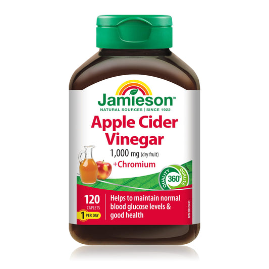 Jamieson Apple Cider Vinegar with Chromium Caplets, Helps Maintain Normal Blood Glucose Levels and Supports Metabolism. One Per Day, Vegetarian, Non-GMO, Gluten-Free, 120 Count - Available at All In One Marketplace Canada