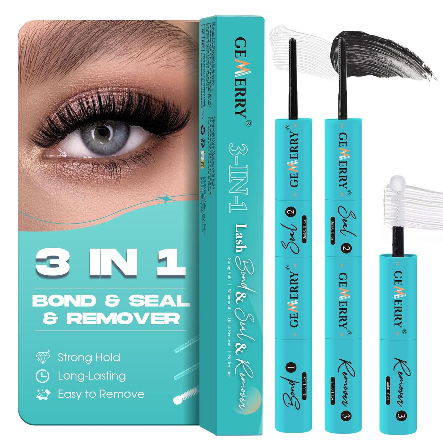 GEMERRY 3-IN-1 Lash Glue Lash Bond and Seal and Remover Clusters Lashes Glue Black Cluster Eyelash Glue Waterproof Long Lasting DIY Eyelash Extension at Home Latex-Free 9ML - Available at All In One Marketplace Canada