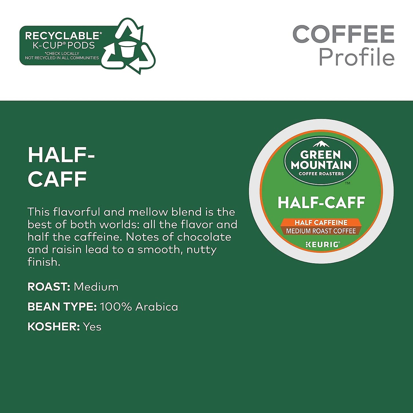 Green Mountain Coffee Half-Caff, Decaf, Medium/Dark Roast Coffee, 24 count