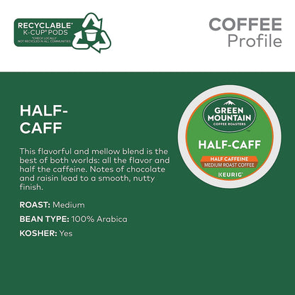 Green Mountain Coffee Half-Caff, Decaf, Medium/Dark Roast Coffee, 24 count