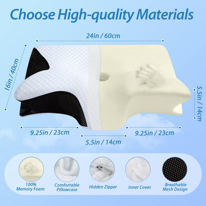 HOMCA Memory Foam Pillow, 2 in 1 Cervical Pillow for Neck Pain Relief, Ergonomic Neck Support Pillows for Side Back Stomach Sleepers with Breathable Pillowcase (Black)