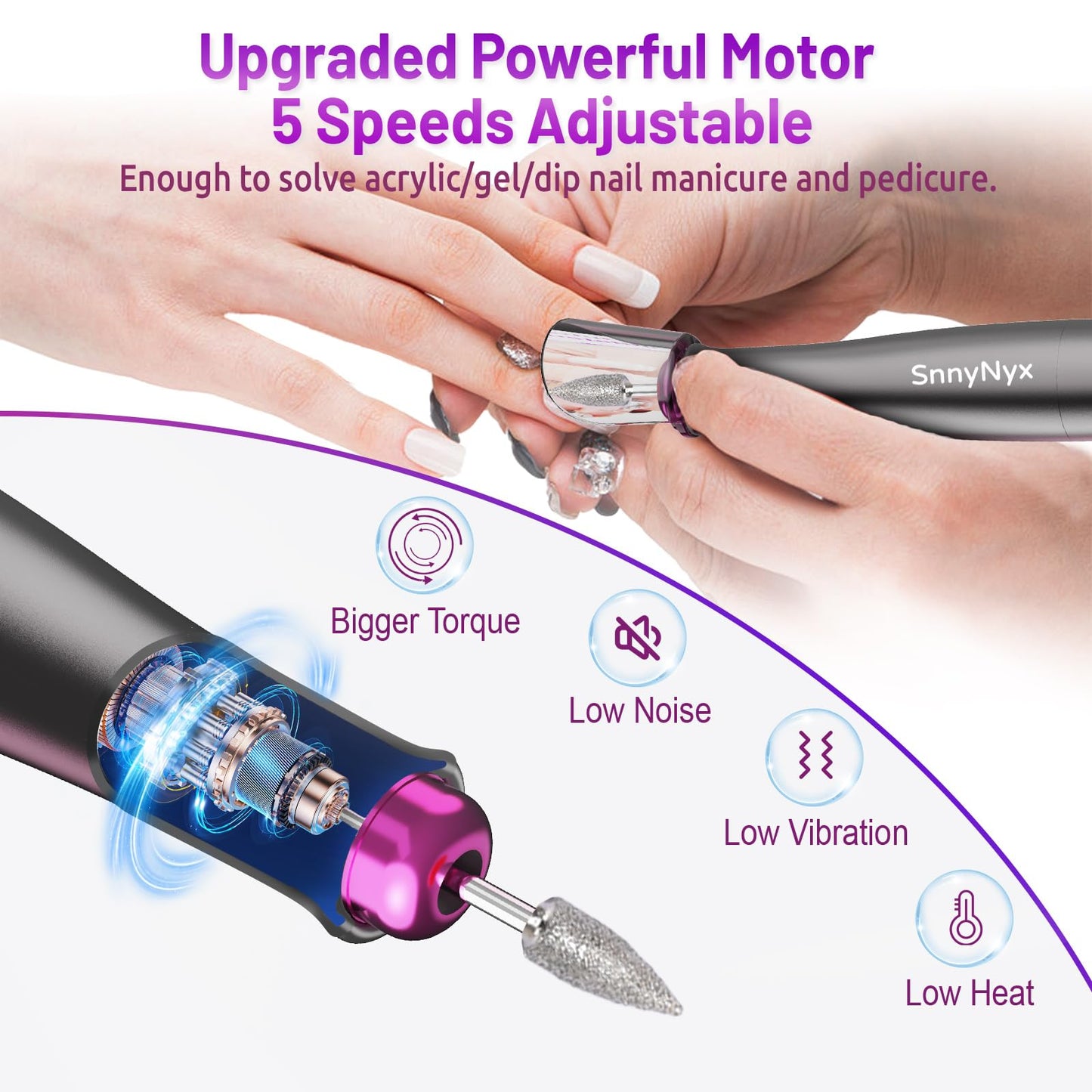 SnnyNyx Cordless Electric Nail Drill 35000 RPM, Professional Portable Nail File for Acrylic Nails & Gel Polish Removal, Low Vibration & Heat E-file with 11 Drill Bits, Salon-Quality Manicure Pedicure Kit (Matte Gray) - Available at All In One Marketplace Canada