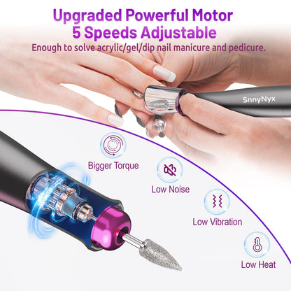 SnnyNyx Cordless Electric Nail Drill 35000 RPM, Professional Portable Nail File for Acrylic Nails & Gel Polish Removal, Low Vibration & Heat E-file with 11 Drill Bits, Salon-Quality Manicure Pedicure Kit (Matte Gray) - Available at All In One Marketplace Canada