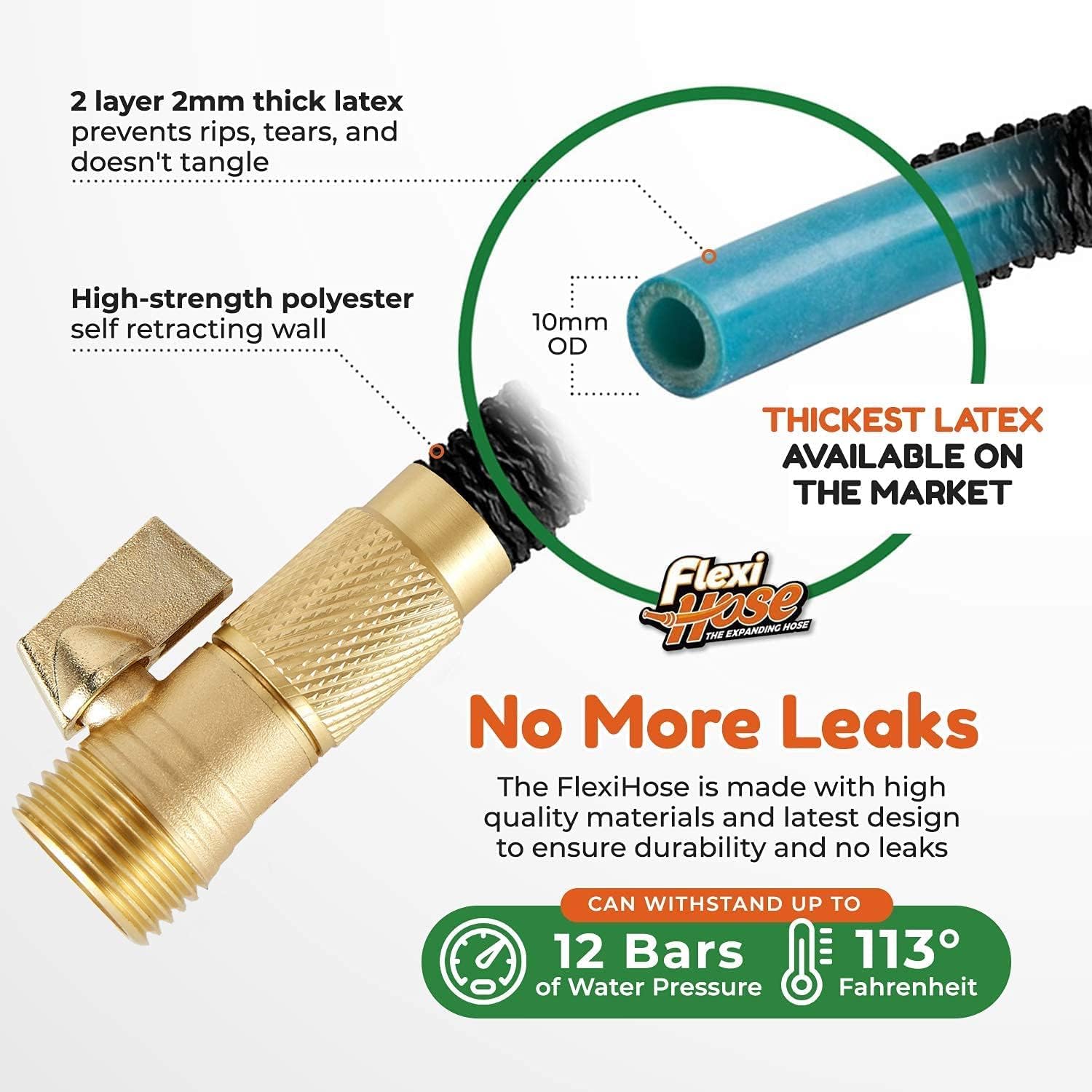 Flexi Hose Expandable Garden Hose, Lightweight & No-Kink Flexible Garden Hose, 3/4 inch Solid Brass Fittings and Double Latex Core, 100 ft Black