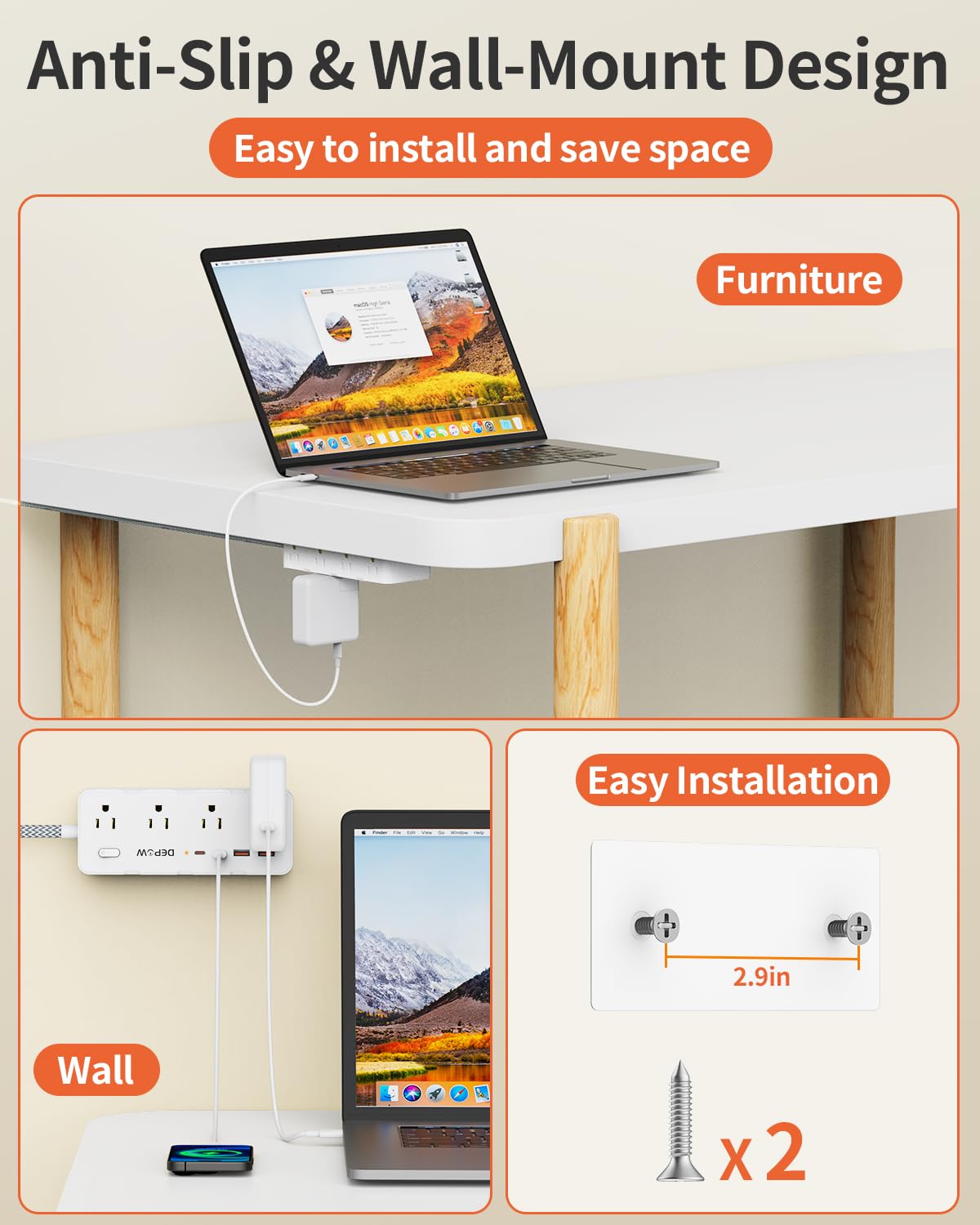 DEPOW Power Bar Surge Protector with 5FT Braided Flat Extension Cord, Wall Mount Charging Station with 8 Outlets 4 USB Ports(2 USB C), Ultra Thin Flat Plug for Home Office, Dorm, Hotel, Travel - Available at All In One Marketplace Canada
