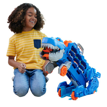 Hot Wheels City Toy Car Track Set, Ultimate T-Rex Transporter, Hauler Transforms into Stomping Dino with Race Track, from Netflix Series “Let’s Race” Hot Wheels