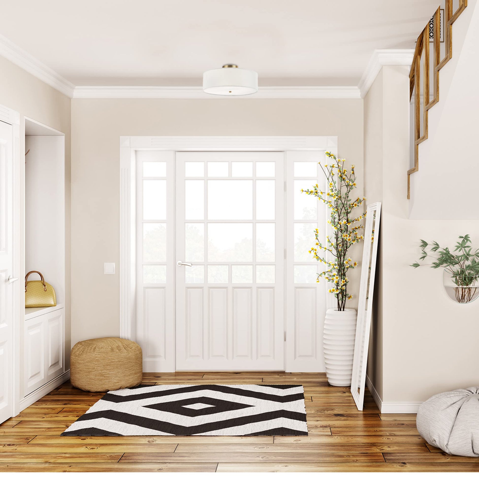 Globe Electric 60998 Kyle 2-Light Flush Mount Ceiling Light, Matte Brass, White Linen Shade Globe Electric