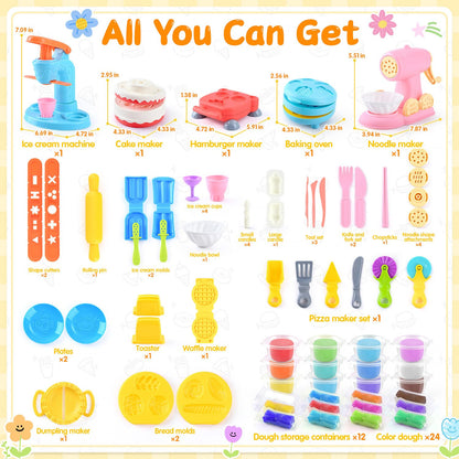 5-in-1 Color Dough Sets for Kids Ages 3+ DIY Food Maker Toys Set with 24 Dough, Arts and Crafts Kit for Pretend Play Ice Cream/Cake/Noodle/Hamburger/Pizza/Baking Set Toys Machines 🍁 All In One Marketplace Canada