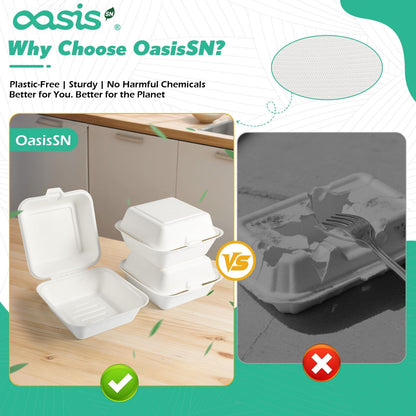 OasisSN [6x6, 128-Pack] Compostable Clamshell Take Out Food Containers, Biodegradable Bagasse Paper To-Go Boxes for Burgers, Sandwiches, Cake, Eco-Friendly, Microwave & Freezer Safe, White 🍁 All In One Marketplace Canada