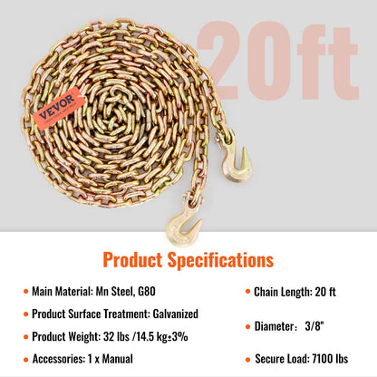 VEVOR Transport Binder Chain, 7100 lbs Working Load Limit, 3/8'' x 20' G80 Tow Chain Tie Down with Grab Hooks, DOT Certified, Galvanized Coating Manganese Steel for Dock Factory Construction Site VEVOR