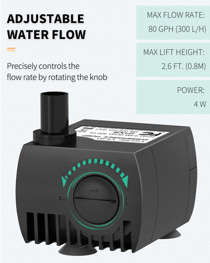 Pawfly Aquarium 80 GPH Submersible Water Pump 4 W Compact Quiet Pump with 2.6 ft. High Lift for Indoor Buckets Fish Tanks and Fountains up to 50 Gallons