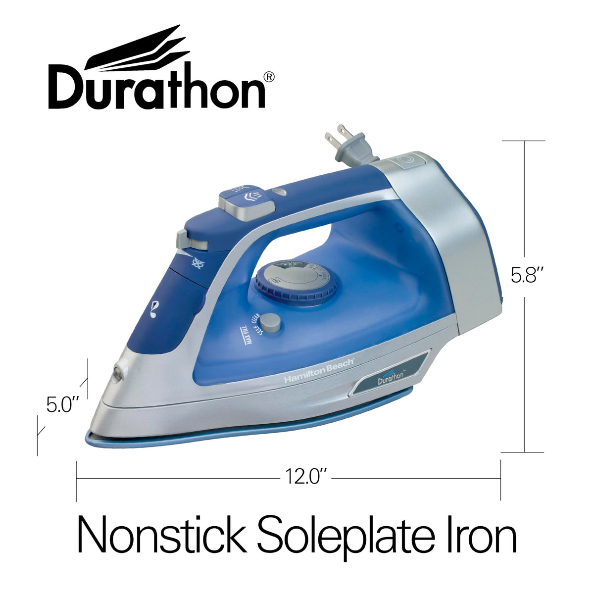 Hamilton Beach Steam Iron for Clothes with Durathon Nonstick Soleplate, Retractable Cord, Vertical Steam, Self-Clean, Anti-Drip, 1500 Watts, Blue, 19803