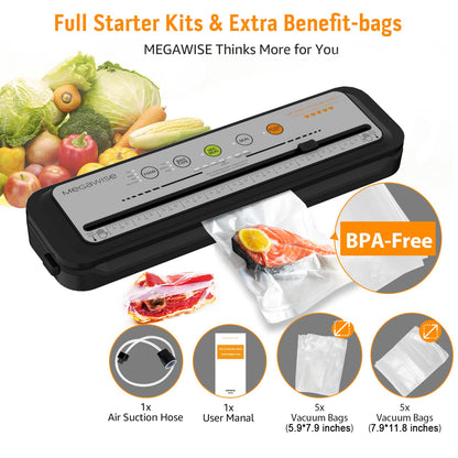 MEGAWISE Vacuum Sealer Machine, 80kPa, 4 Food Modes, Built-In Cutter, Gray