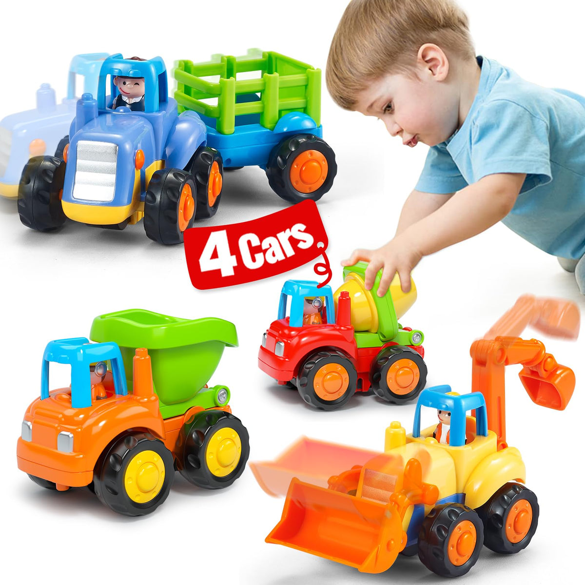 HOLA Toys for 1 2 Year Old Boys Birthday Gifts - 4 PCS Push and Go Trucks, 4WD Friction Power Car Toddler Toys Early Educational Baby Toy 12-18 Months Christmas Easter Stocking Stuffers 🍁 All In One Marketplace Canada