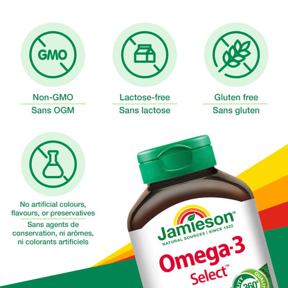 Jamieson Omega-3 Select 1,000 mg, Improves Heart Health, Supports Brain Health, and Reduces Inflammation. With 300 mg EPA and 200 mg DHA, Non-GMO, Gluten-Free, 200 Softgels