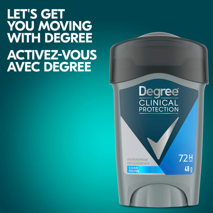 Degree Men Clinical Protection Antiperspirant Deodorant, Clean, for 72-hour Sweat & Odour Protection, 48g (Pack of 4) - Available at All In One Marketplace Canada
