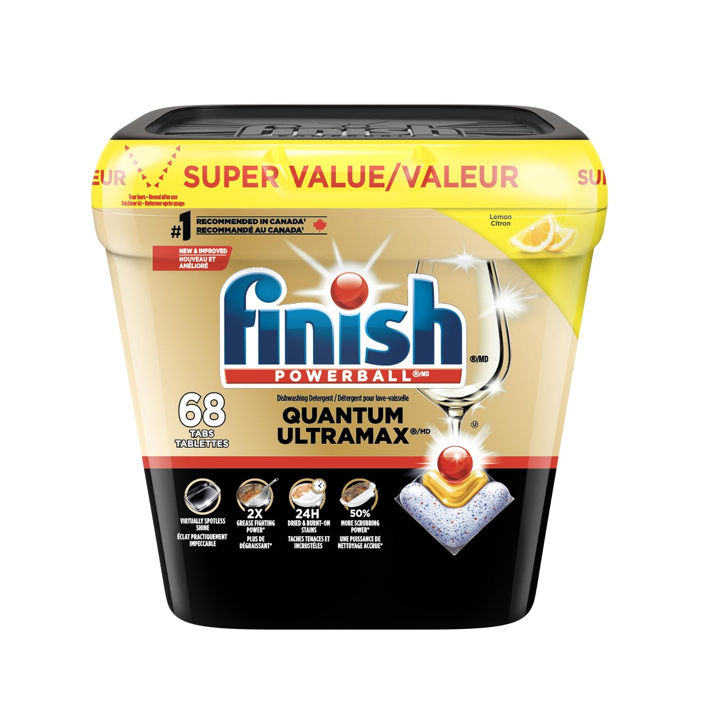 Finish Quantum UltraMAX Dishwasher Detergent Pods, 3-Chamber Formula with PowerBall, 2X Grease Fighting*, Burnt-On & 24H Dried-On Stains, Intense Clean & Diamond Shine, No Pre-Rinse, Lemon, 68 Tabs - Available at All In One Marketplace Canada