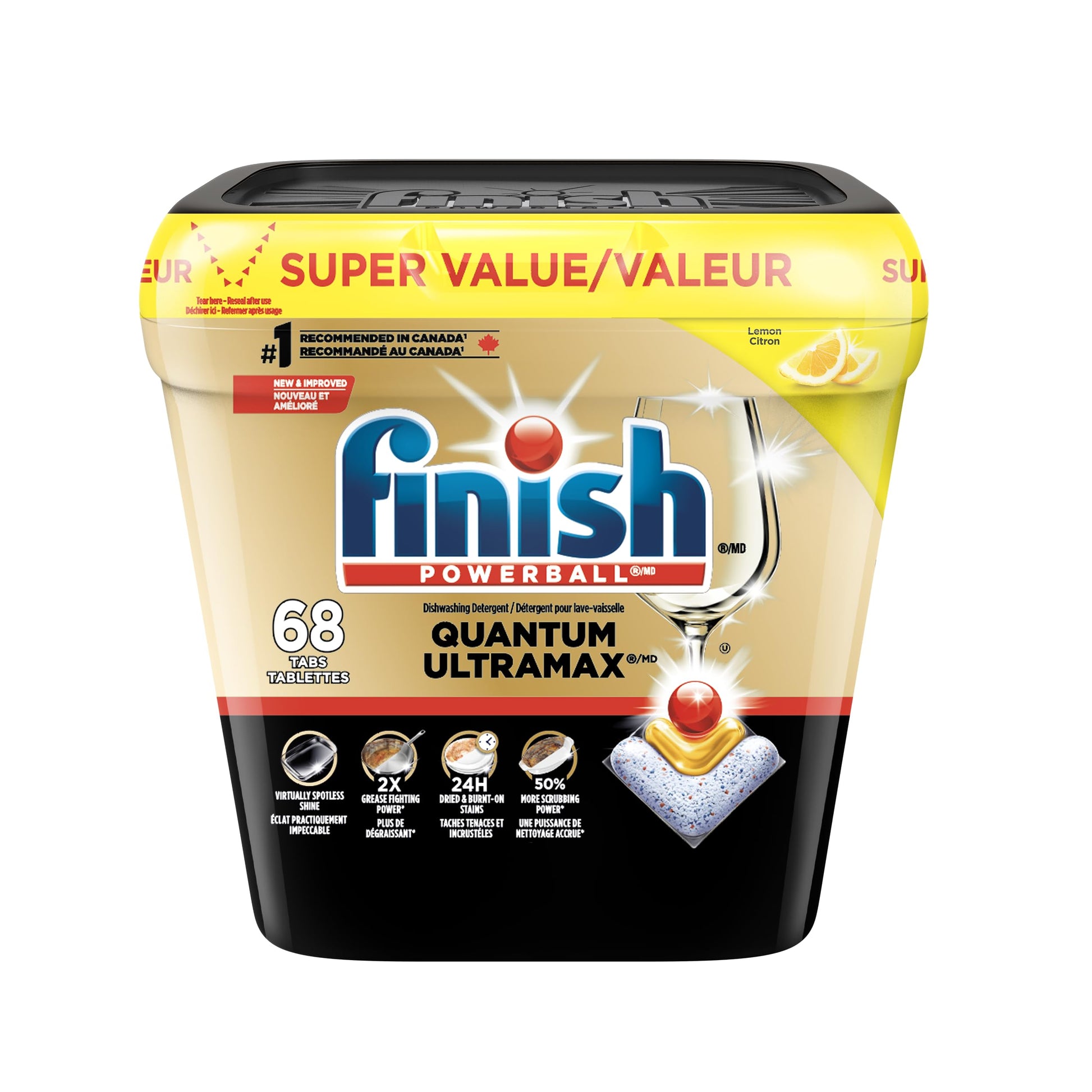 Finish Quantum UltraMAX Dishwasher Detergent Pods, 3-Chamber Formula with PowerBall, 2X Grease Fighting*, Burnt-On & 24H Dried-On Stains, Intense Clean & Diamond Shine, No Pre-Rinse, Lemon, 68 Tabs - Available at All In One Marketplace Canada