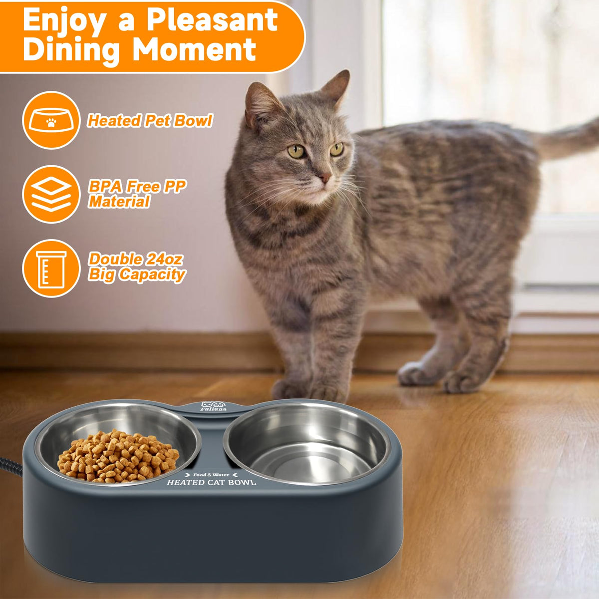 Fuliuna Heated Cat Bowl, Outdoor Heated Pet Bowl with Double Stainless Steel Bowl 24 OZ, Water Food Bowl for Cat Pet, Thermal Pet Bowl Provide Drinkable Water and Hot Food in Winter. 🍁 All In One Marketplace Canada