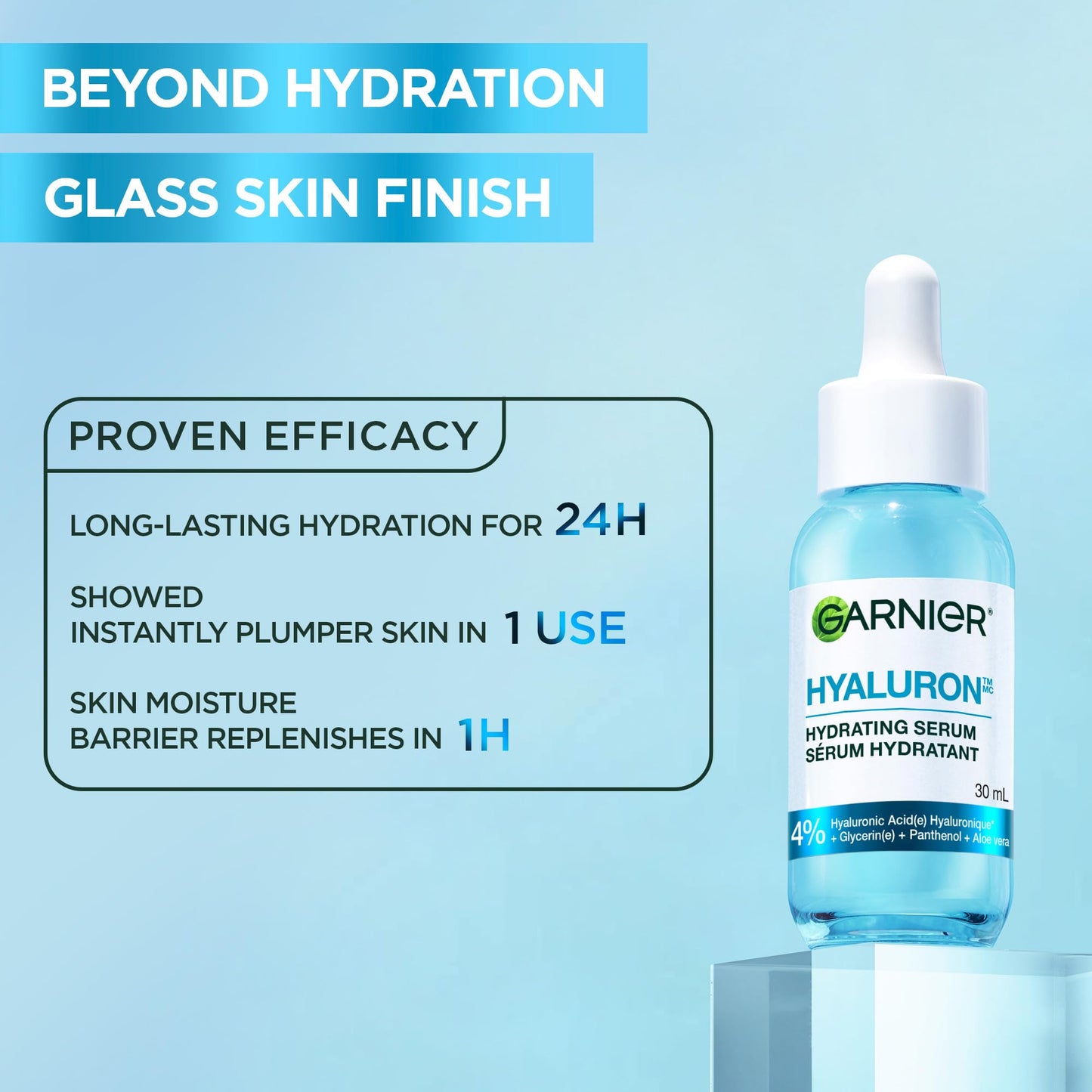 Garnier Hyaluronic Acid Face Serum, With Aloe Vera, Pro-Ceramides, Glycerin, Panthenol, Glass Skin, Reinforce Skin's Moisture Barrier, Hydrating, Replumpling, Normal To Combination, Vegan, 30ml - Available at All In One Marketplace Canada