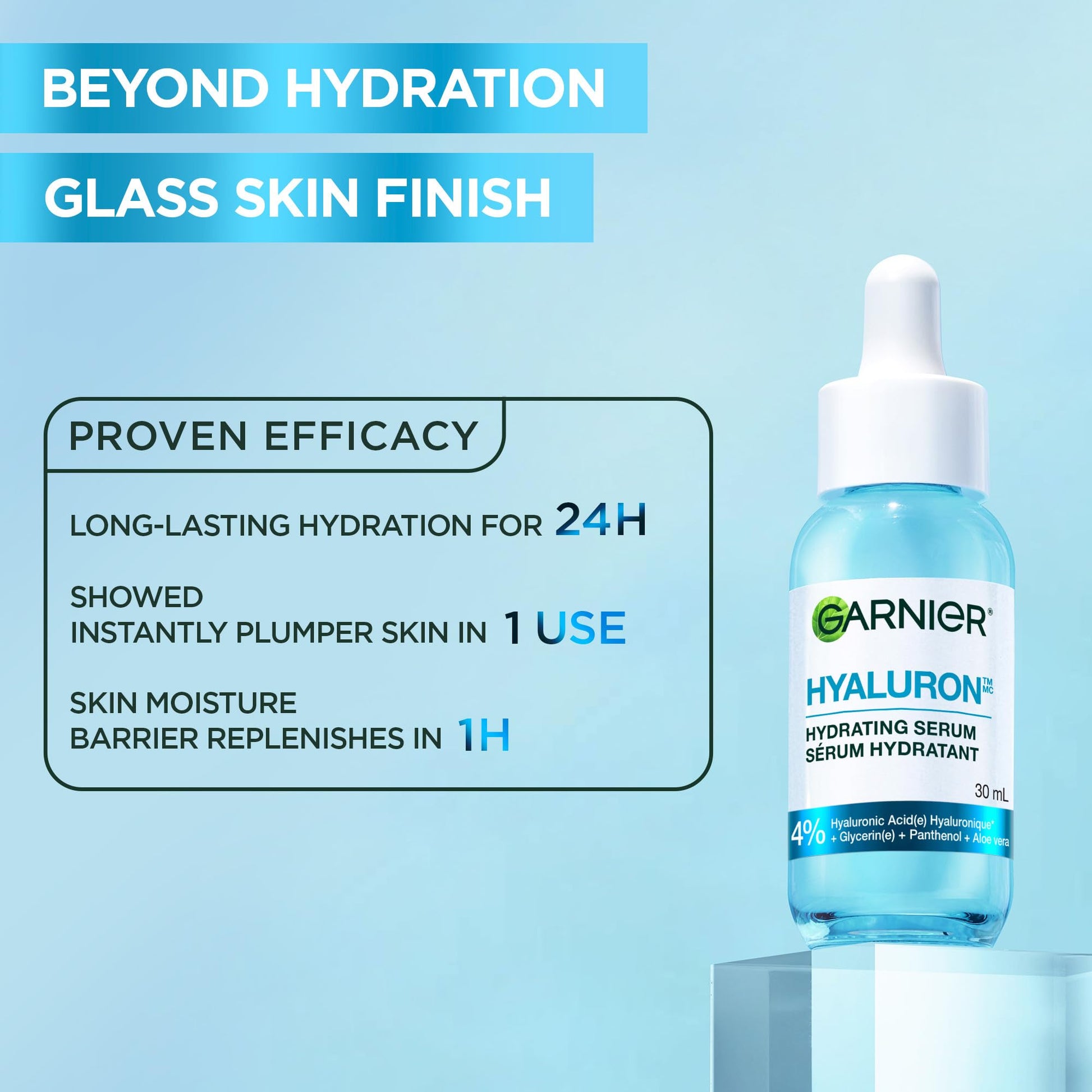 Garnier Hyaluronic Acid Face Serum, With Aloe Vera, Pro-Ceramides, Glycerin, Panthenol, Glass Skin, Reinforce Skin's Moisture Barrier, Hydrating, Replumpling, Normal To Combination, Vegan, 30ml - Available at All In One Marketplace Canada