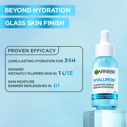 Garnier Hyaluronic Acid Face Serum, With Aloe Vera, Pro-Ceramides, Glycerin, Panthenol, Glass Skin, Reinforce Skin's Moisture Barrier, Hydrating, Replumpling, Normal To Combination, Vegan, 30ml - Available at All In One Marketplace Canada