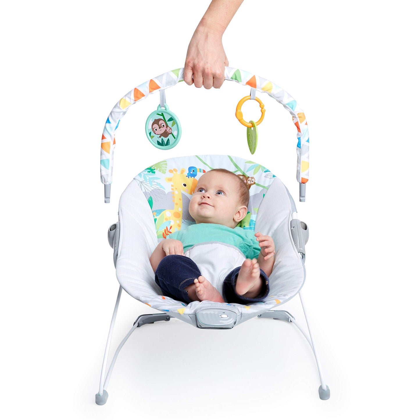 Bright Starts Baby Bouncer Soothing Vibrations Infant Seat - Removable Toy Bar, Nonslip Feet, 0-6 Months Up to 20 lbs (Safari Fun) Bright Starts