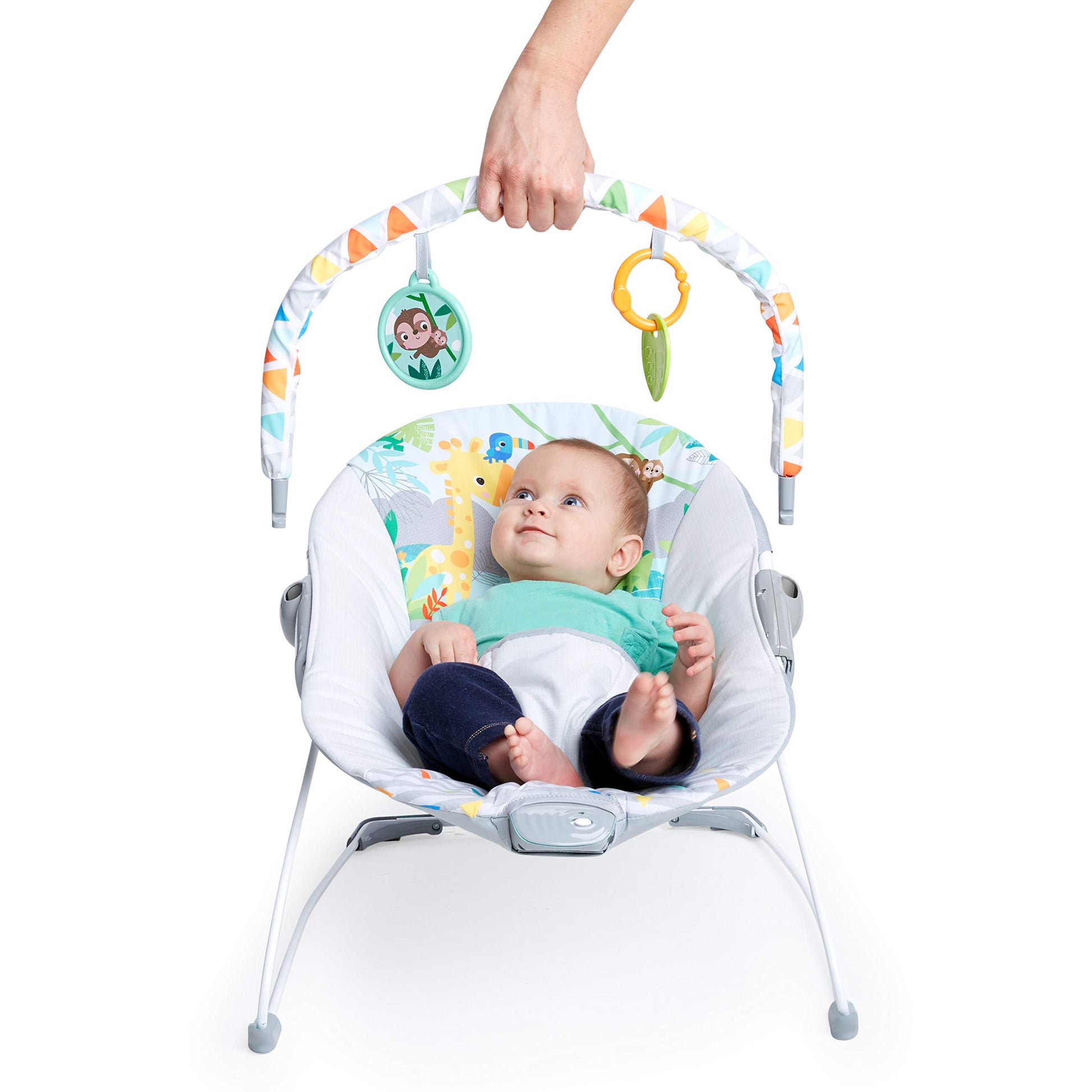 Bright Starts Baby Bouncer Soothing Vibrations Infant Seat - Removable Toy Bar, Nonslip Feet, 0-6 Months Up to 20 lbs (Safari Fun) Bright Starts