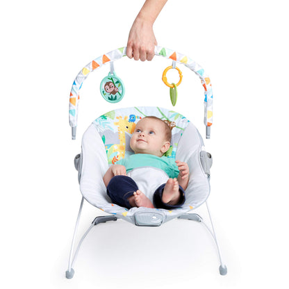 Bright Starts Baby Bouncer Soothing Vibrations Infant Seat - Removable Toy Bar, Nonslip Feet, 0-6 Months Up to 20 lbs (Safari Fun) Bright Starts