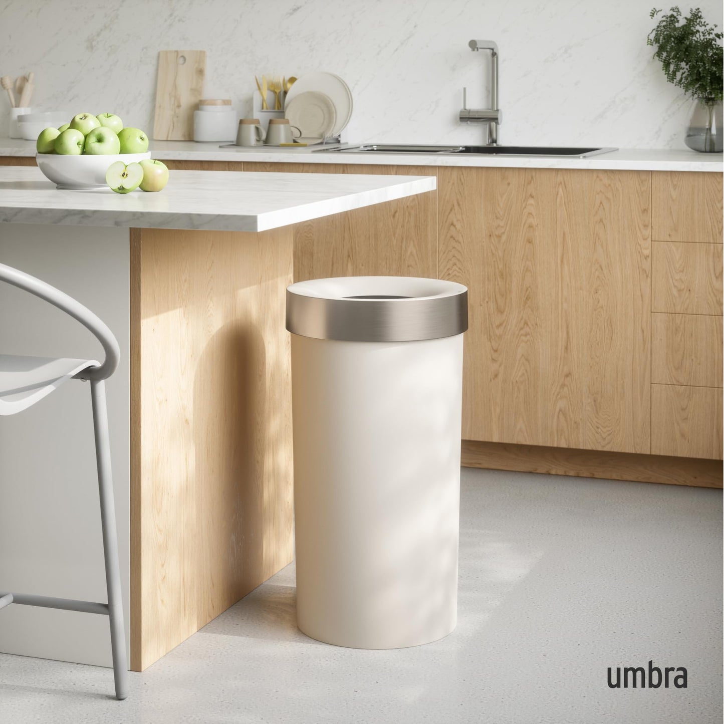 Umbra Vento Kitchen Trash Can – Large 16 Gal (62 L) Open Top Garbage Can for Home & Office – Modern Clean Design, Sand/Nickel Umbra