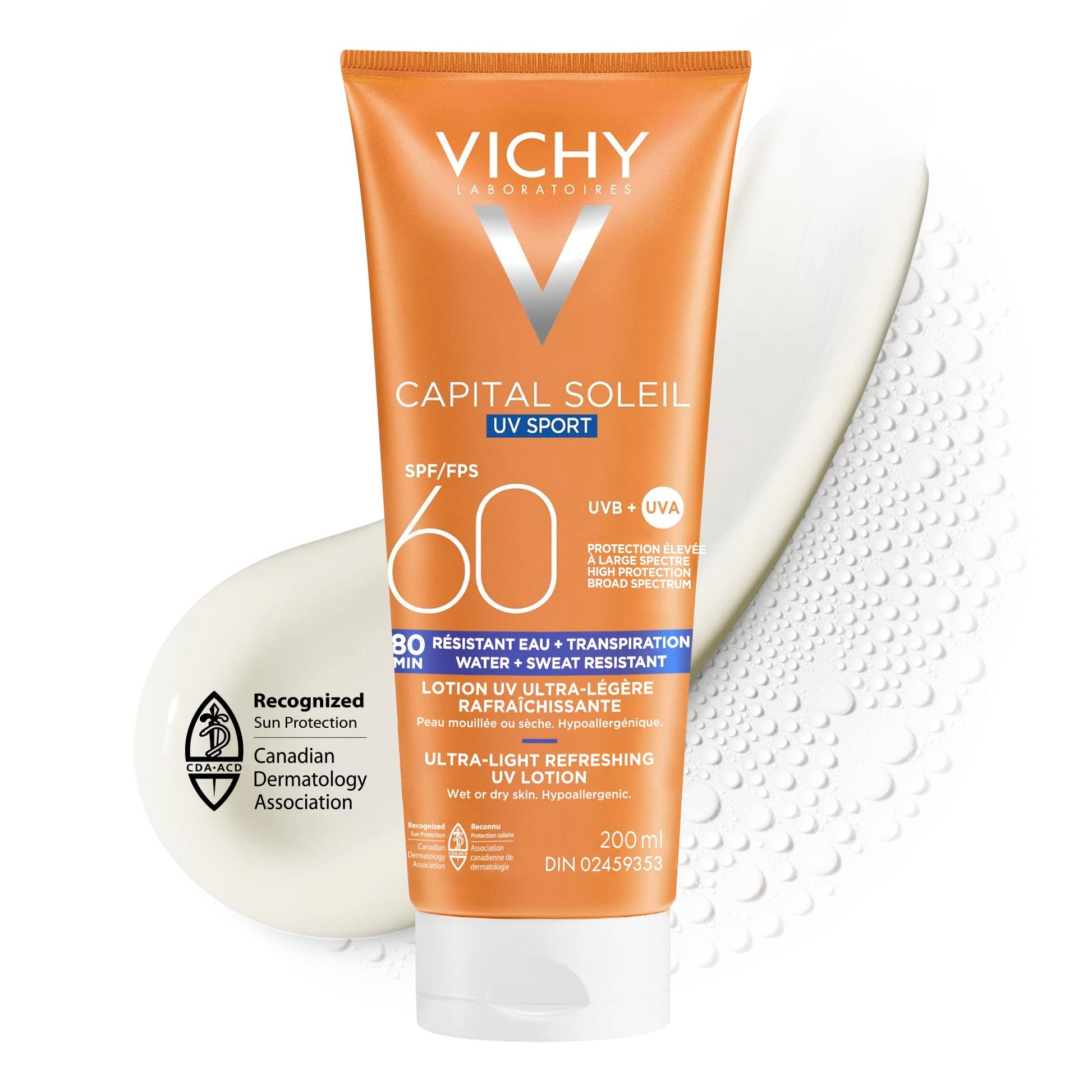 Vichy Water Resistant Sport Sunscreen, Ideal Soleil Sport SPF 60 Ultra Light Sunscreen Lotion for Face and Body, with Broad Spectrum SPF 60 and Mexoryl, 200mL VICHY