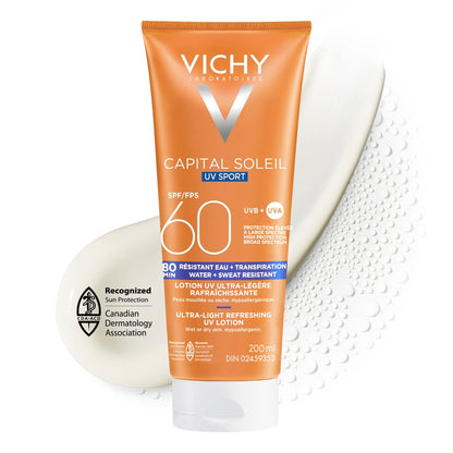 Vichy Water Resistant Sport Sunscreen, Ideal Soleil Sport SPF 60 Ultra Light Sunscreen Lotion for Face and Body, with Broad Spectrum SPF 60 and Mexoryl, 200mL VICHY