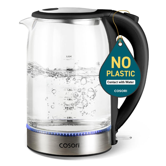 Cosori Electric Kettle, No Plastic Filter & Spout, 1.7L Tea Kettle & Hot Water Boiler For Coffee & Tea, Water Heater & Teapot, Automatic Shut Off, Borosilicate glass, Black, 1500W
