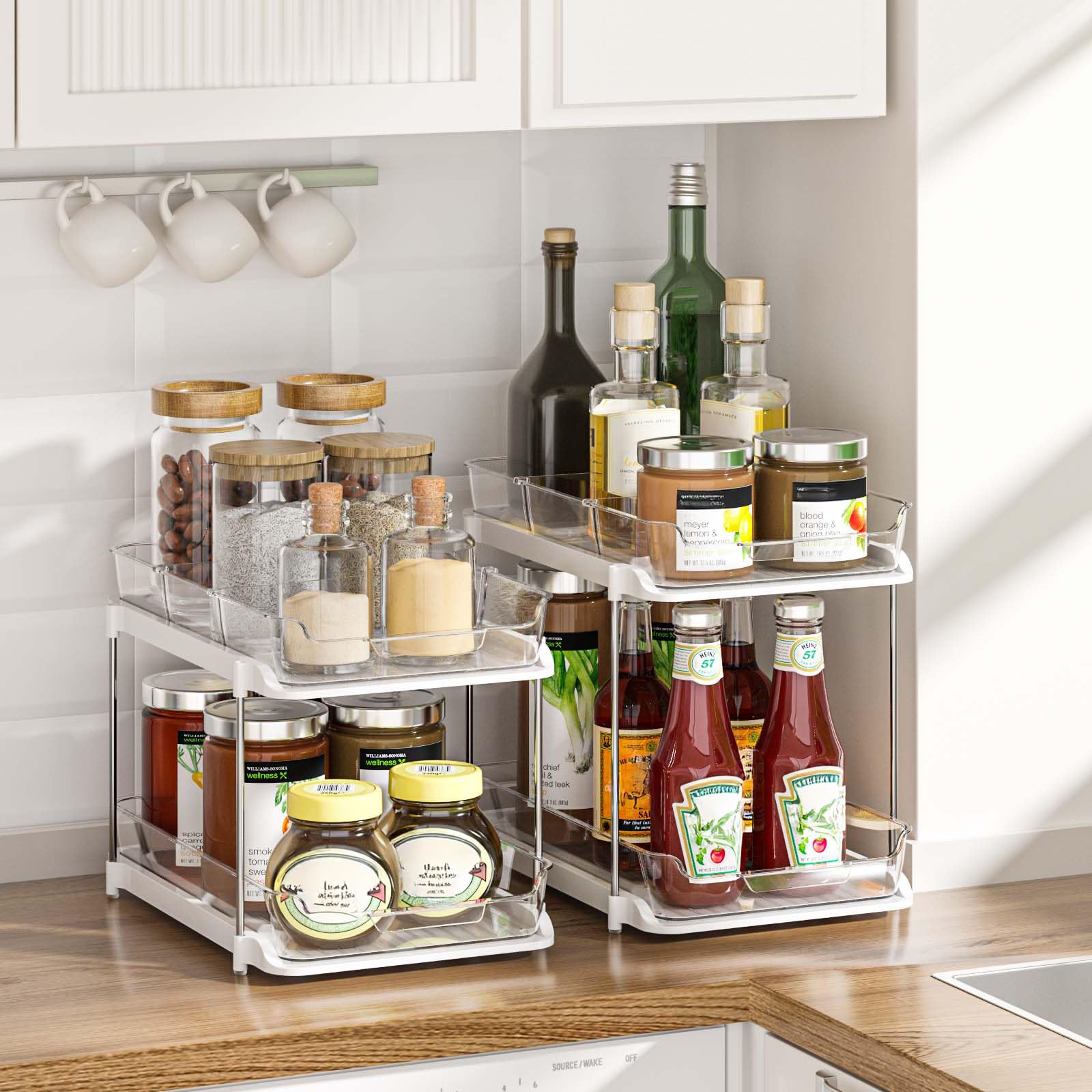 Delamu 2-Tier Multi-Purpose Bathroom Under Sink Organizers and Storage, Stackable Kitchen Pantry Organization, Pull Out Medicine Cabinet Organizer with Movable Dividers, White, 2 Pack - Available at All In One Marketplace Canada