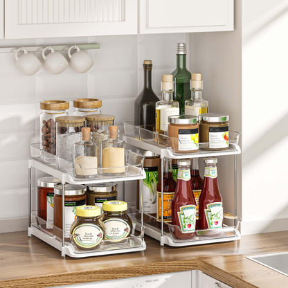 Delamu 2-Tier Multi-Purpose Bathroom Under Sink Organizers and Storage, Stackable Kitchen Pantry Organization, Pull Out Medicine Cabinet Organizer with Movable Dividers, White, 2 Pack - Available at All In One Marketplace Canada