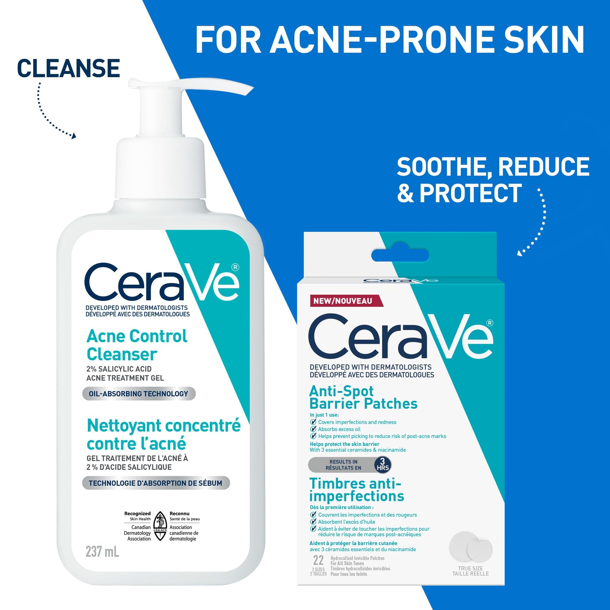 CeraVe Spot Barrier Patches, Hydrocolloid Acne Spot Patch with Niacinamide & 3 Essential Ceramides, Invisible on All Skin Tones, for Acne-Prone & Sensitive Skin, 22 count - Available at All In One Marketplace Canada