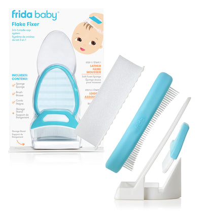 Frida Baby The 3-Step Cradle Cap System Kit & Cradle Cap Treatment, DermaFrida The FlakeFixer, Sponge, Brush, Comb and Storage Stand for Babies with Cradle Cap, White-Blue